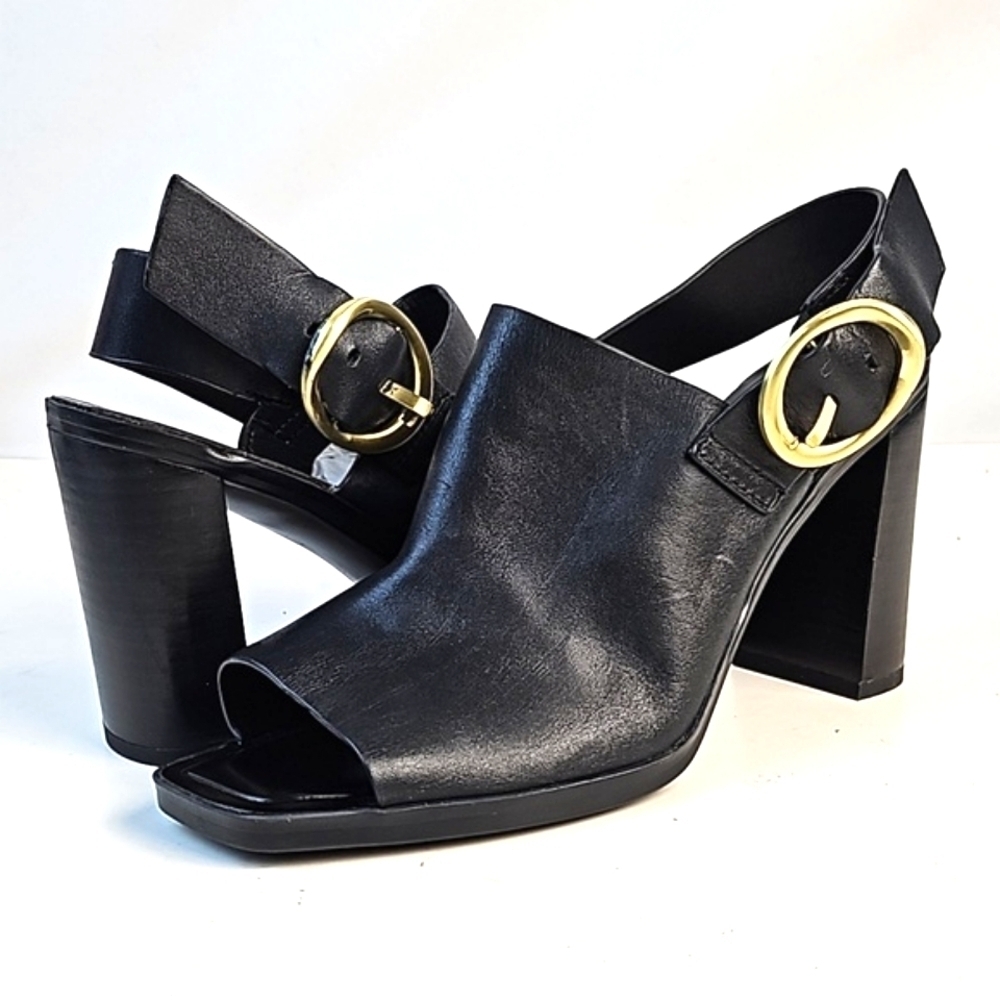 Franco Sarto Walter Black Leather Peep Toe Slingback Buckle Block Heel Sandal